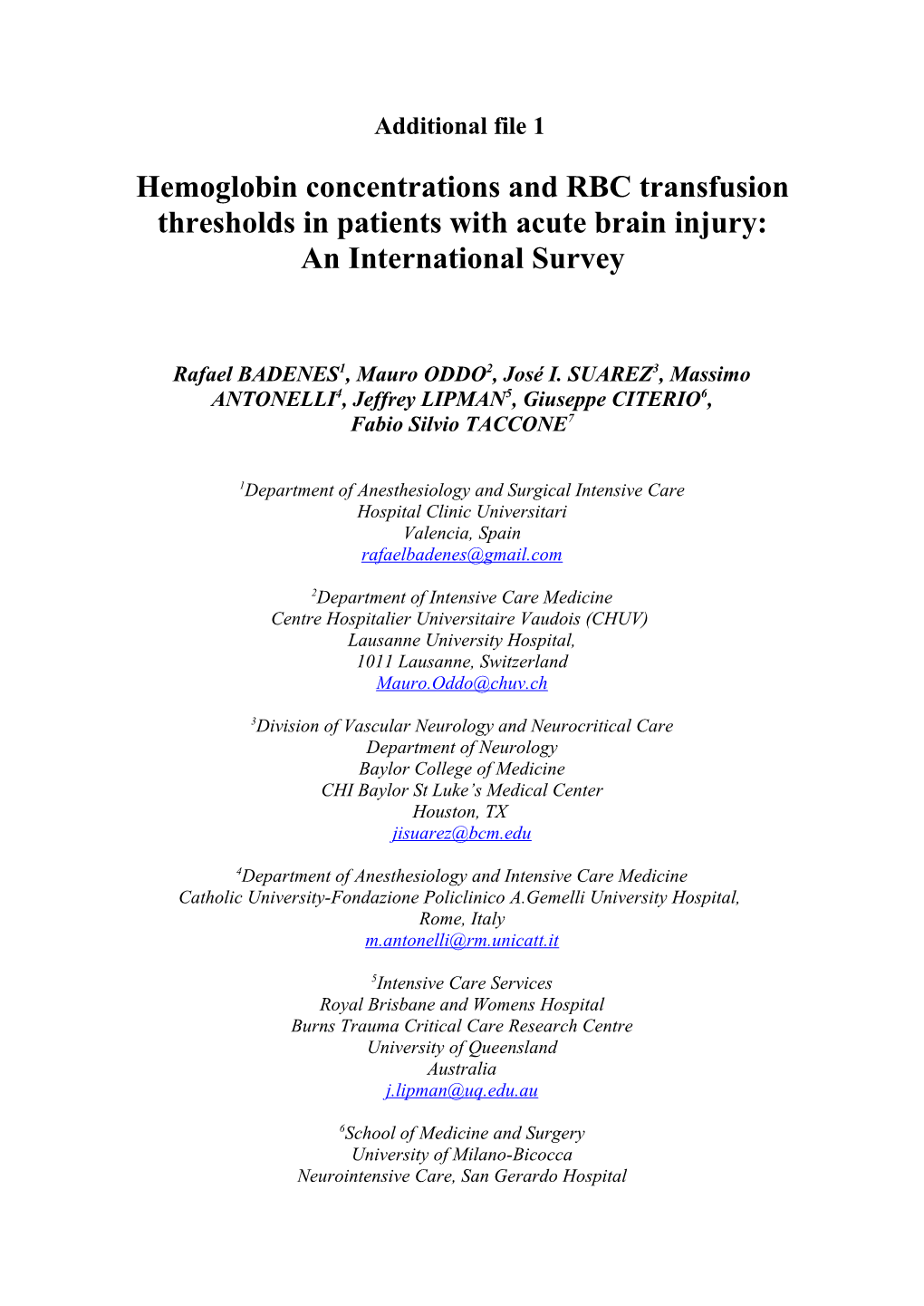 Hemoglobinconcentrations and RBC Transfusion Thresholds in Patients with Acute Brain Injury