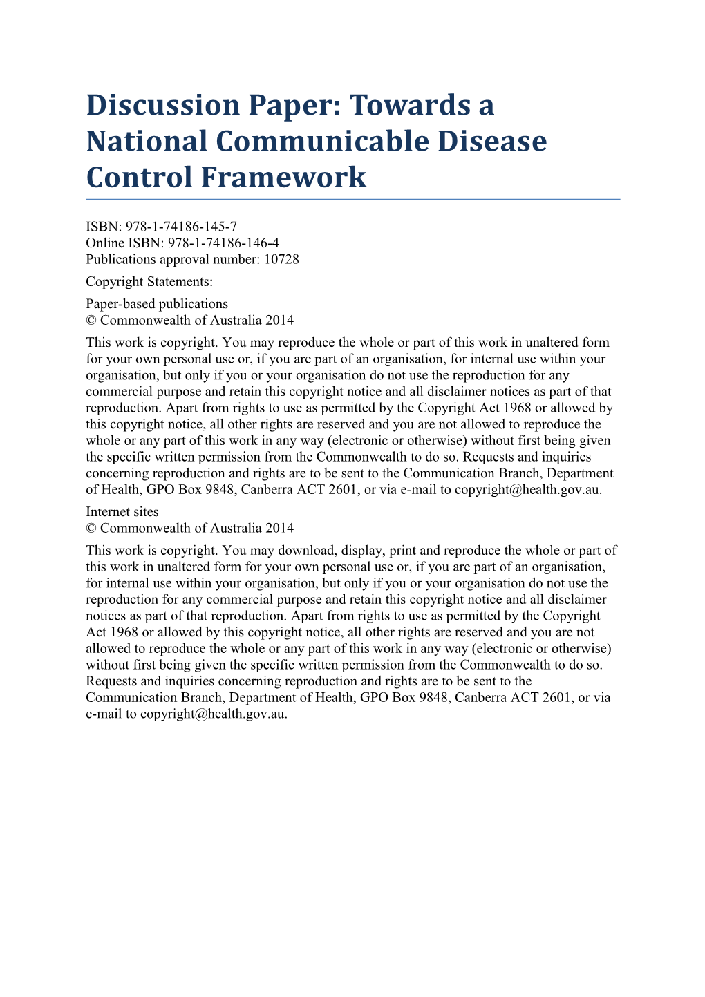 Discussion Paper: Towards a National Communicable Disease Control Framework