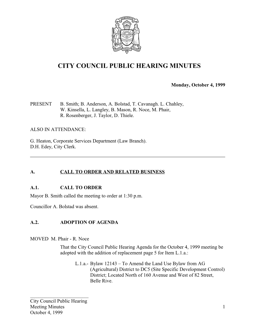 Minutes for City Council October 4, 1999 Meeting