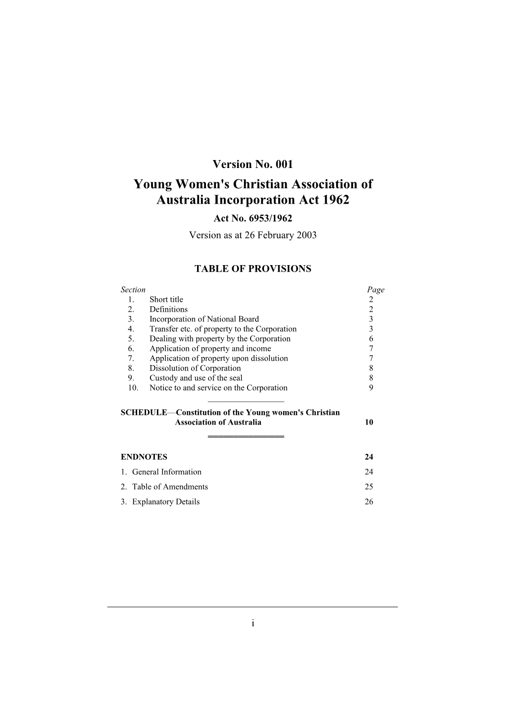 Young Women's Christian Association of Australia Incorporation Act 1962
