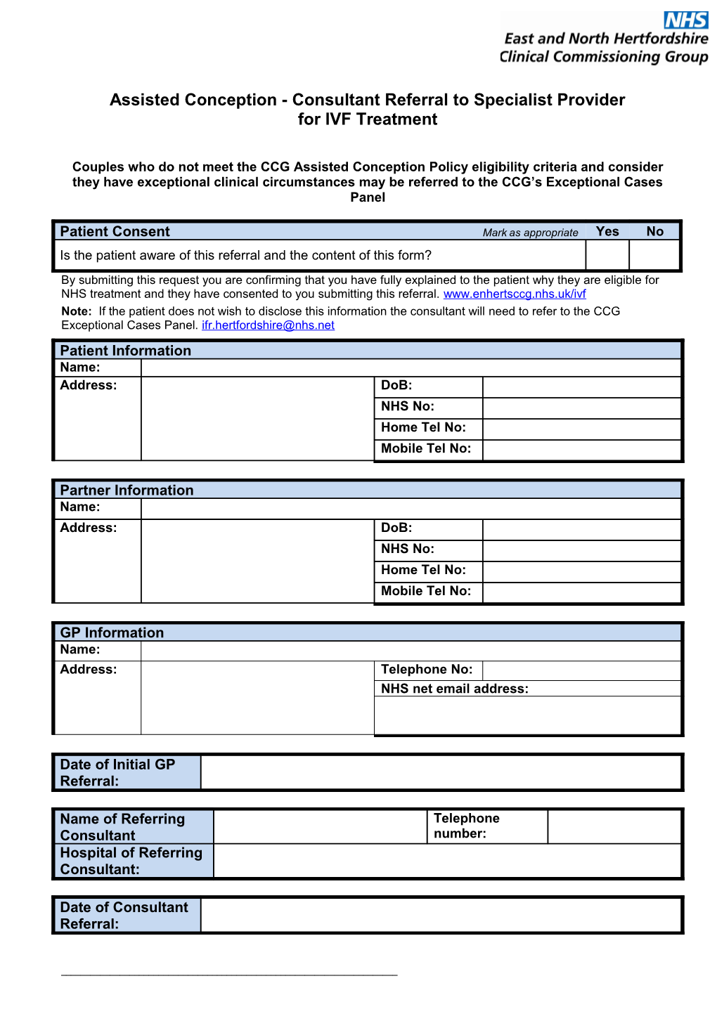 Assisted Conception - Consultant Referral to Specialist Provider