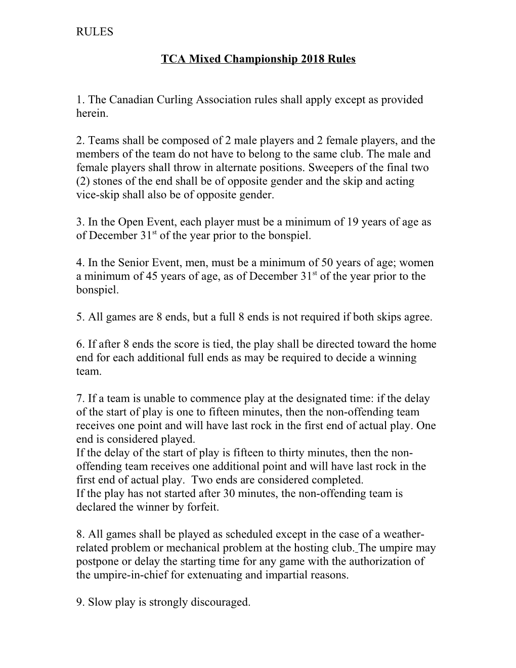 TCA Mixed Championship 2018 Rules