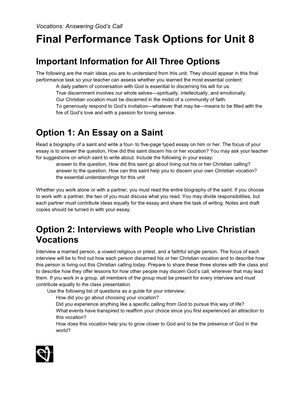 Final Performance Task Options for Unit 8