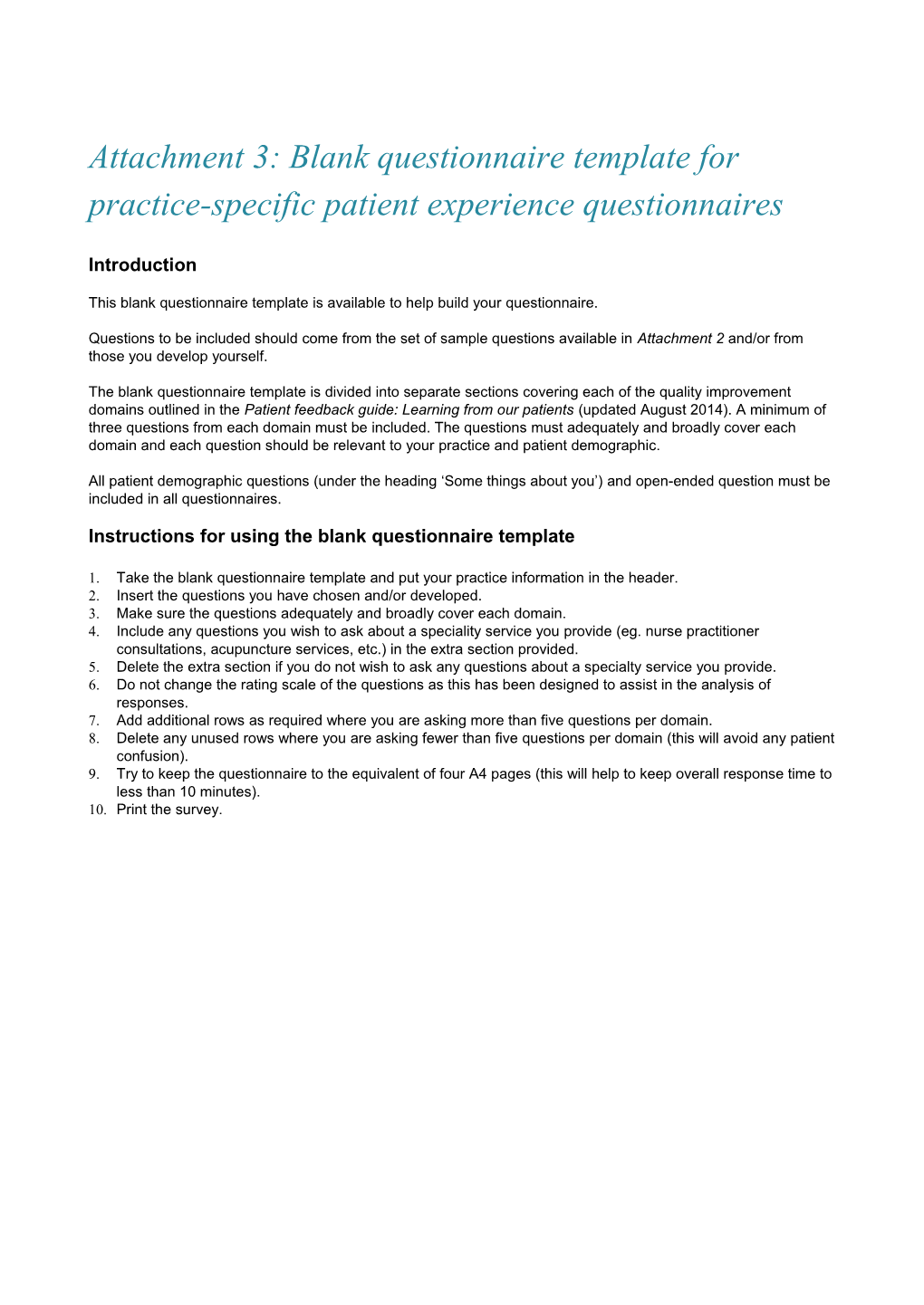 Attachment 3: Blank Questionnaire Template for Practice-Specific Patient Experience