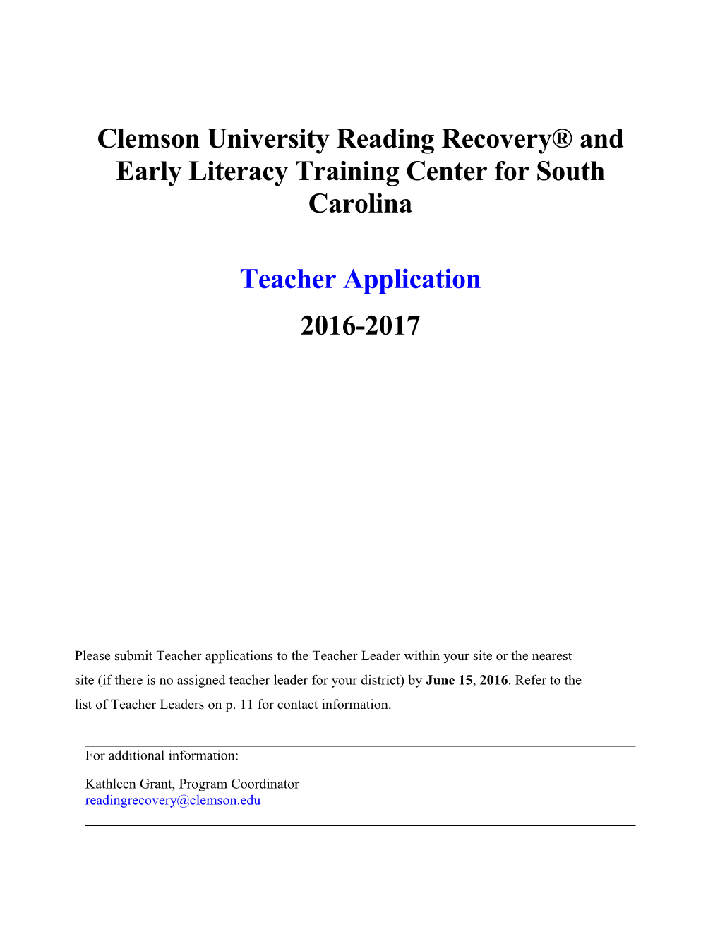 Reading Recovery Teacher Application