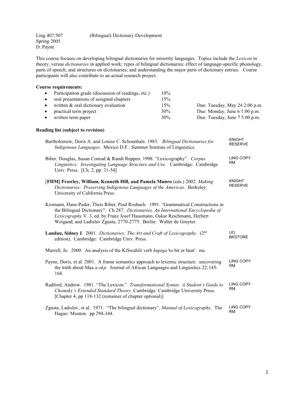 Ling 407/507(Bilingual) Dictionary Development