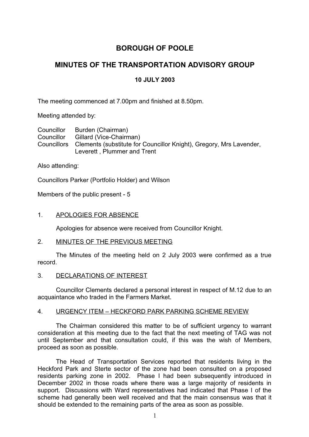 Minutes - Transportation Advisory Group - 10 July 2003