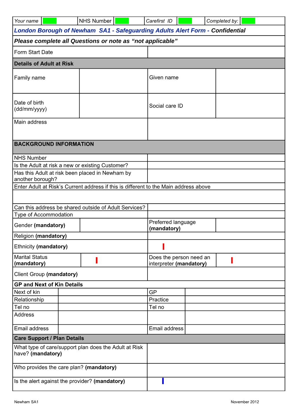London Borough of Newham SA1 - Safeguarding Adults Alert Form - Confidential
