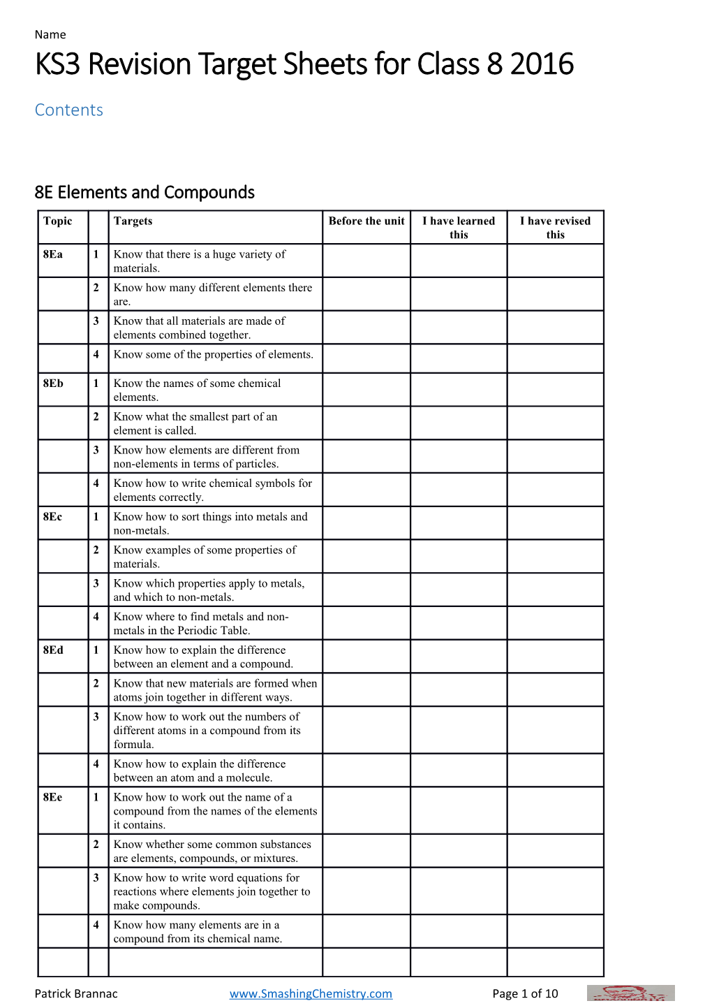 KS3 Revisiontarget Sheets for Class 8 2016