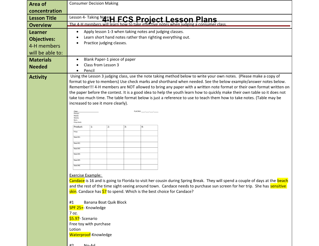 4-H FCS Project Lesson Plans
