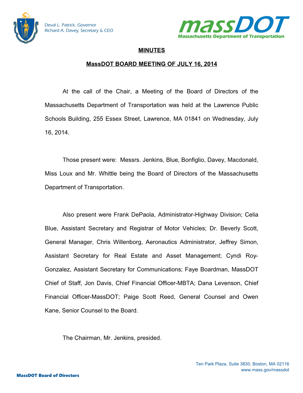 Massdot BOARD MEETING of JULY 16, 2014