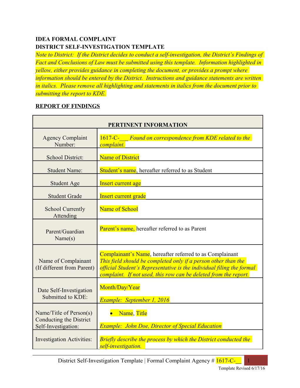 District Self-Investigation Template