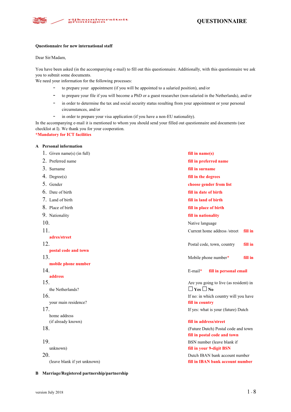 Questionnaire for New International Staff