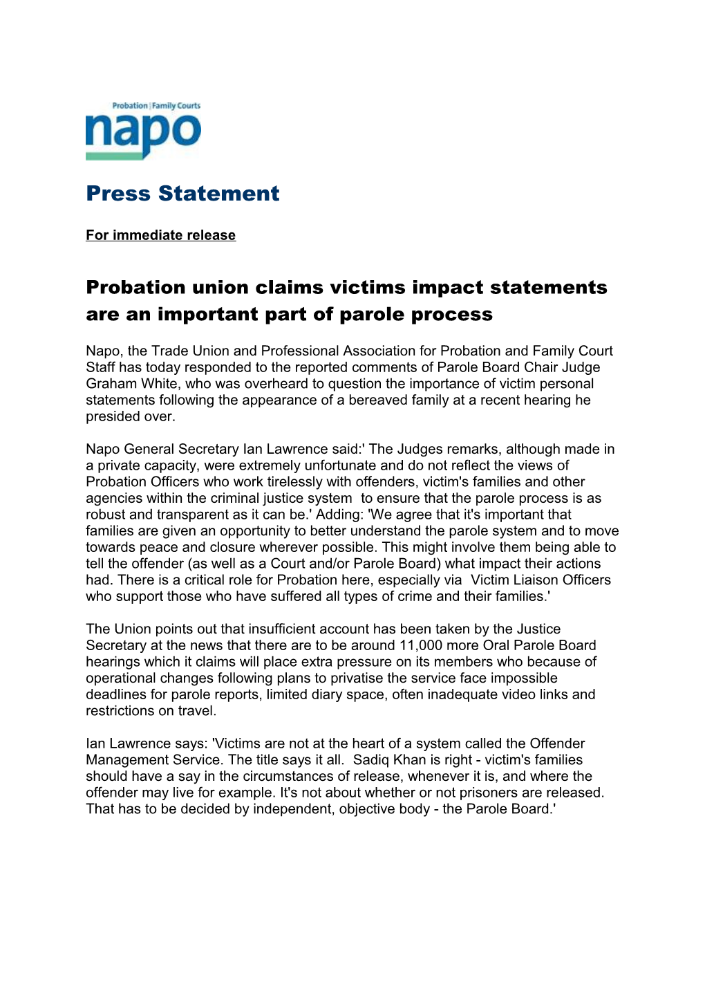 Probation Union Claims Victims Impact Statements Are an Important Part of Parole Process