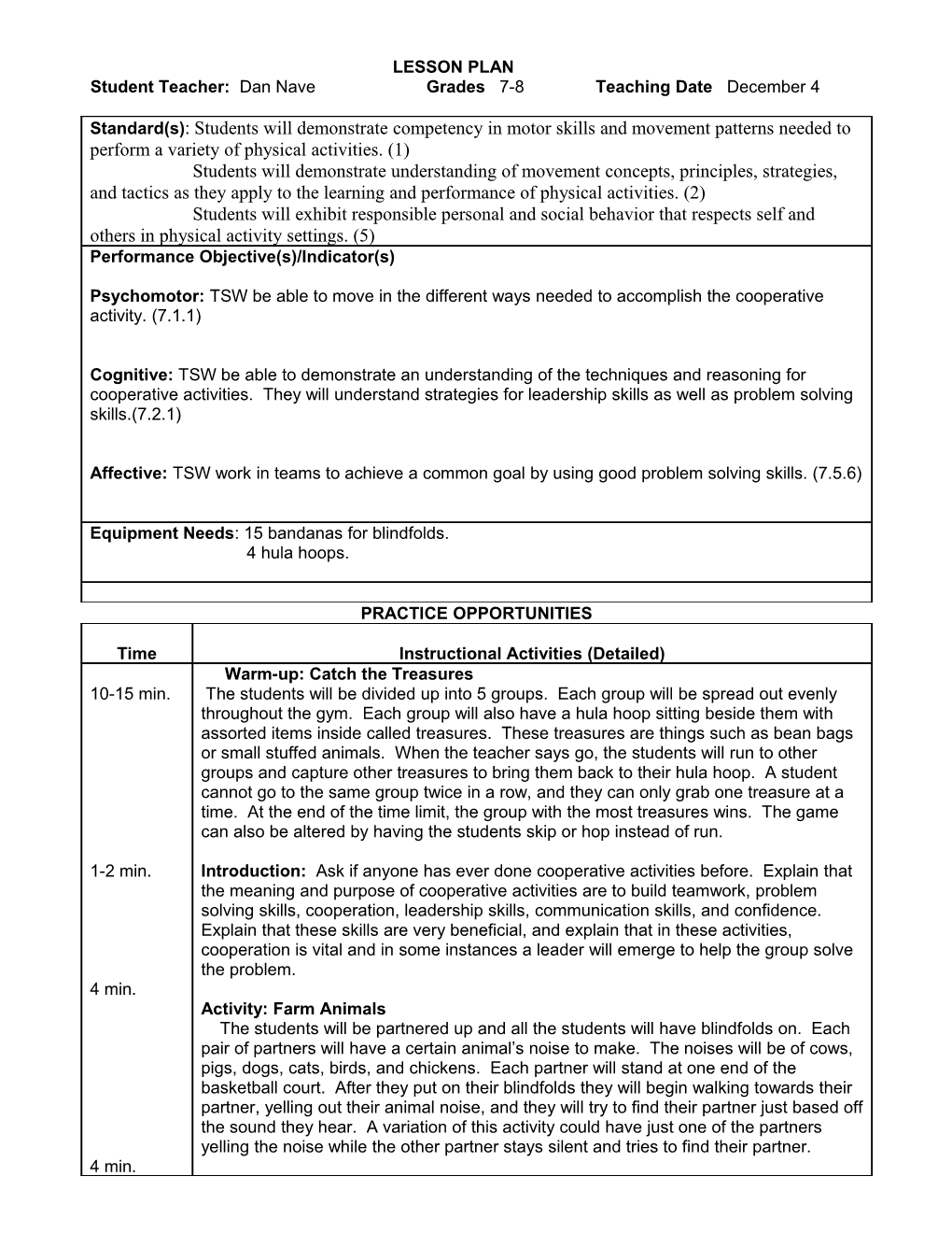 Student Teacher: Dan Nave Grades 7-8 Teachingdate December 4