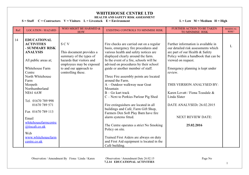 Health and Safety Risk Assessment