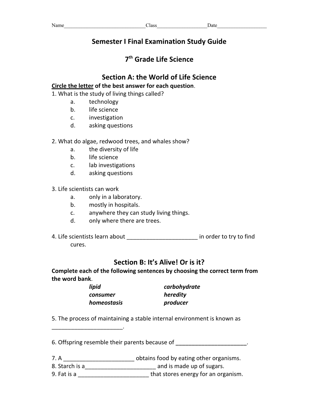 Semester I Final Examination Study Guide