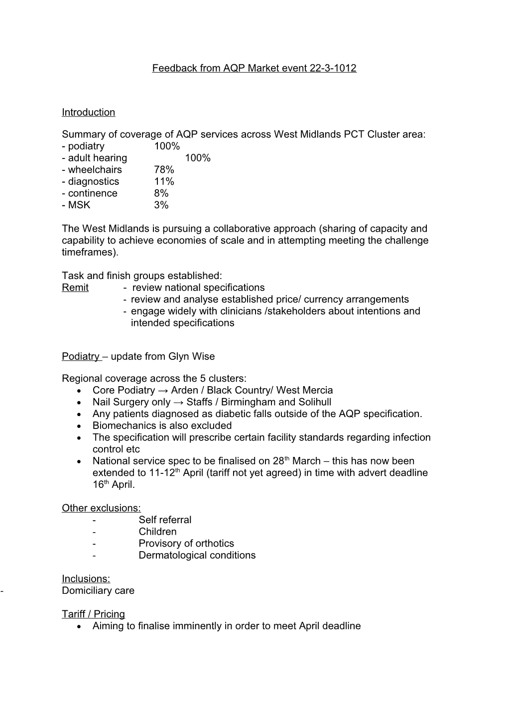 Summary of Coverage of AQP Services Across West Midlands PCT Cluster Area