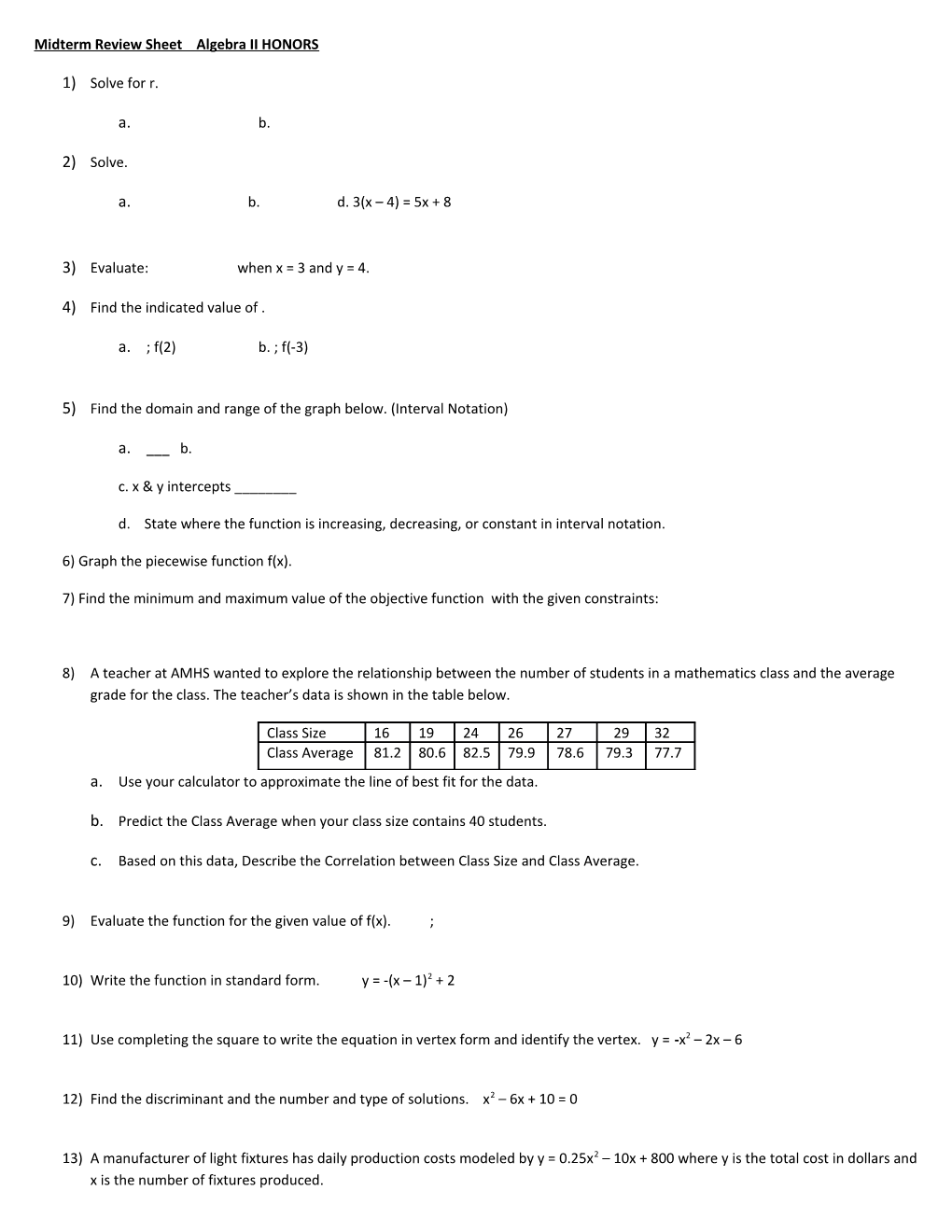 Midterm Review Sheet Algebra II HONORS