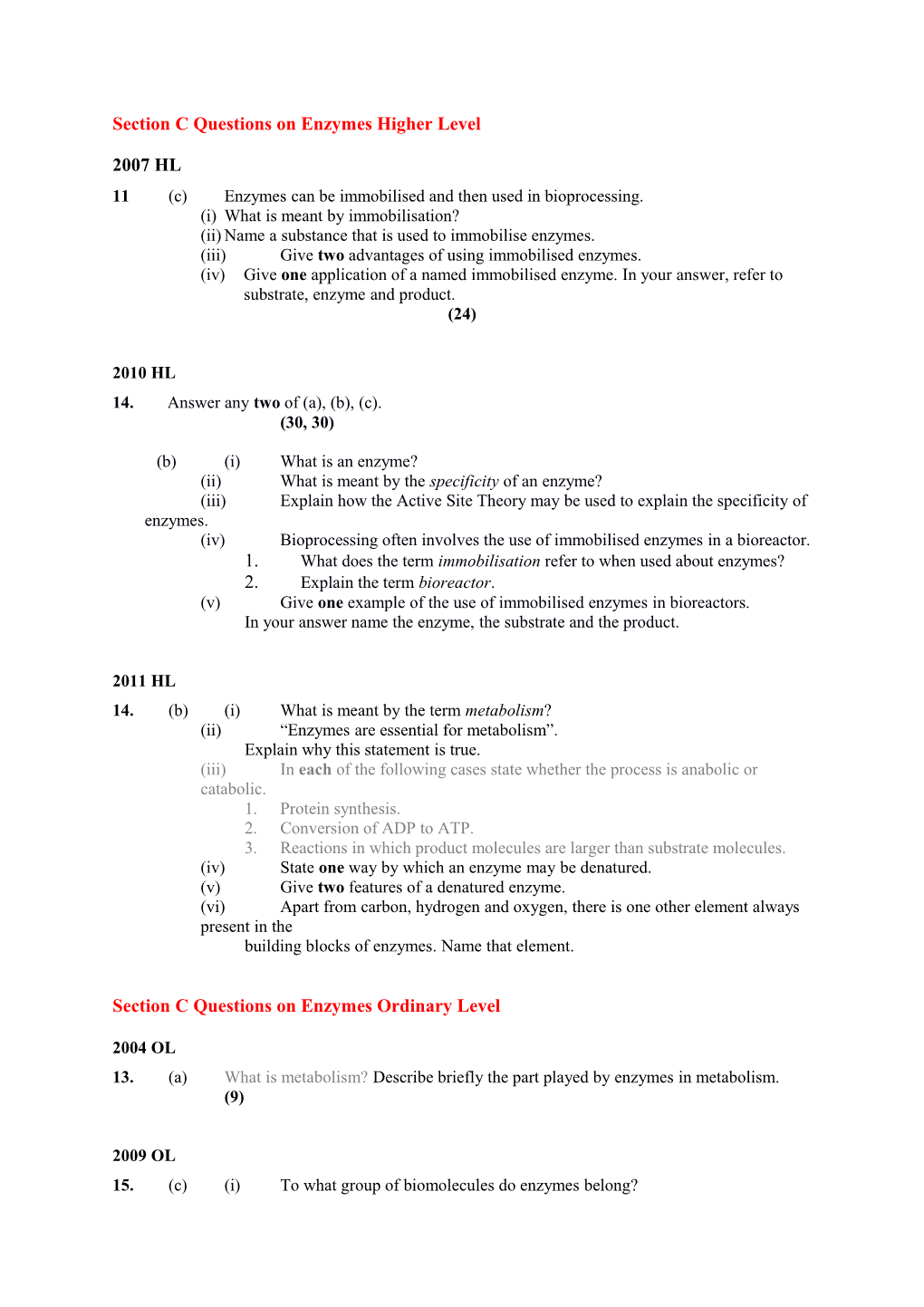 Section C Questions on Enzymes Higher Level