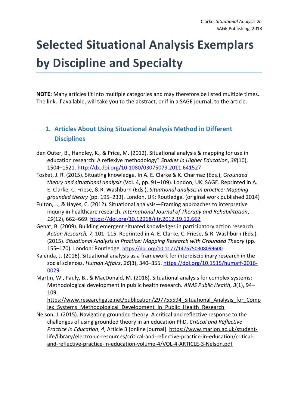 Selected Situational Analysis Exemplars by Discipline and Specialty