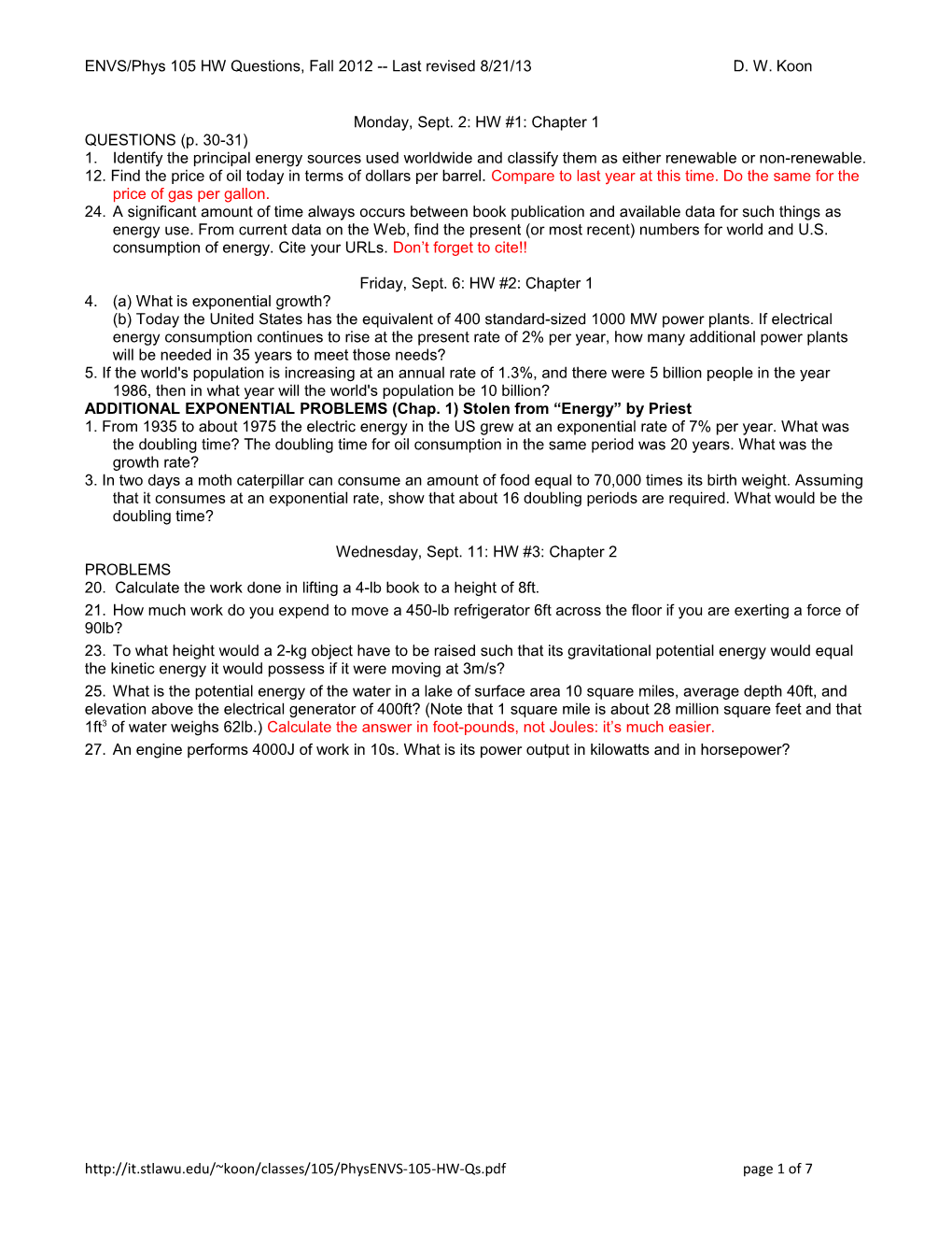 ENVS/Phys 105 HW Questions, Fall 2012 Last Revised 8/21/13D. W.Koon