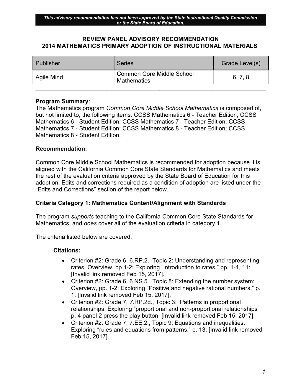 2014 Agile Mind Middle School Math - Instructional Materials (CA Dept of Education)