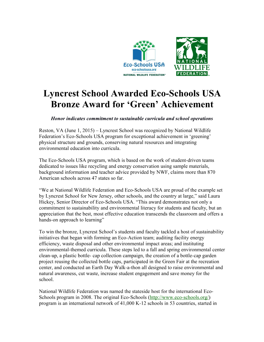 Lyncrest School Awarded Eco-Schools USA Bronze Award for Green Achievement
