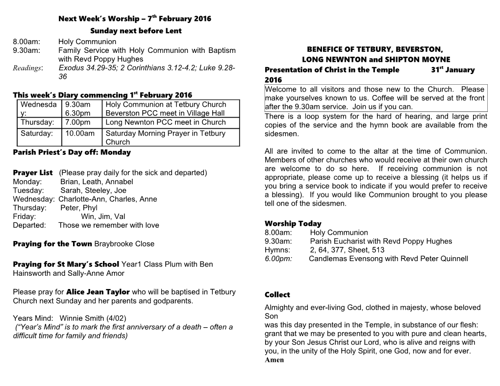 Next Week S Worship 7Th February 2016