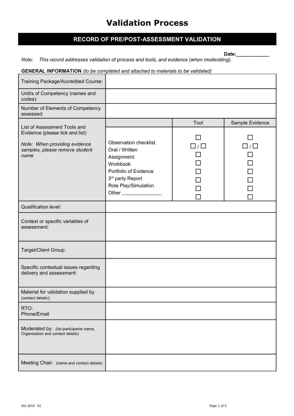 Record of Validation of Assessment Strategy