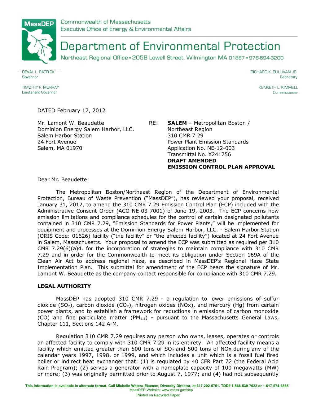 Dominion Energysalemharbor, LLC Salemharbor Station Draft Amended Emission Control Plan Approval