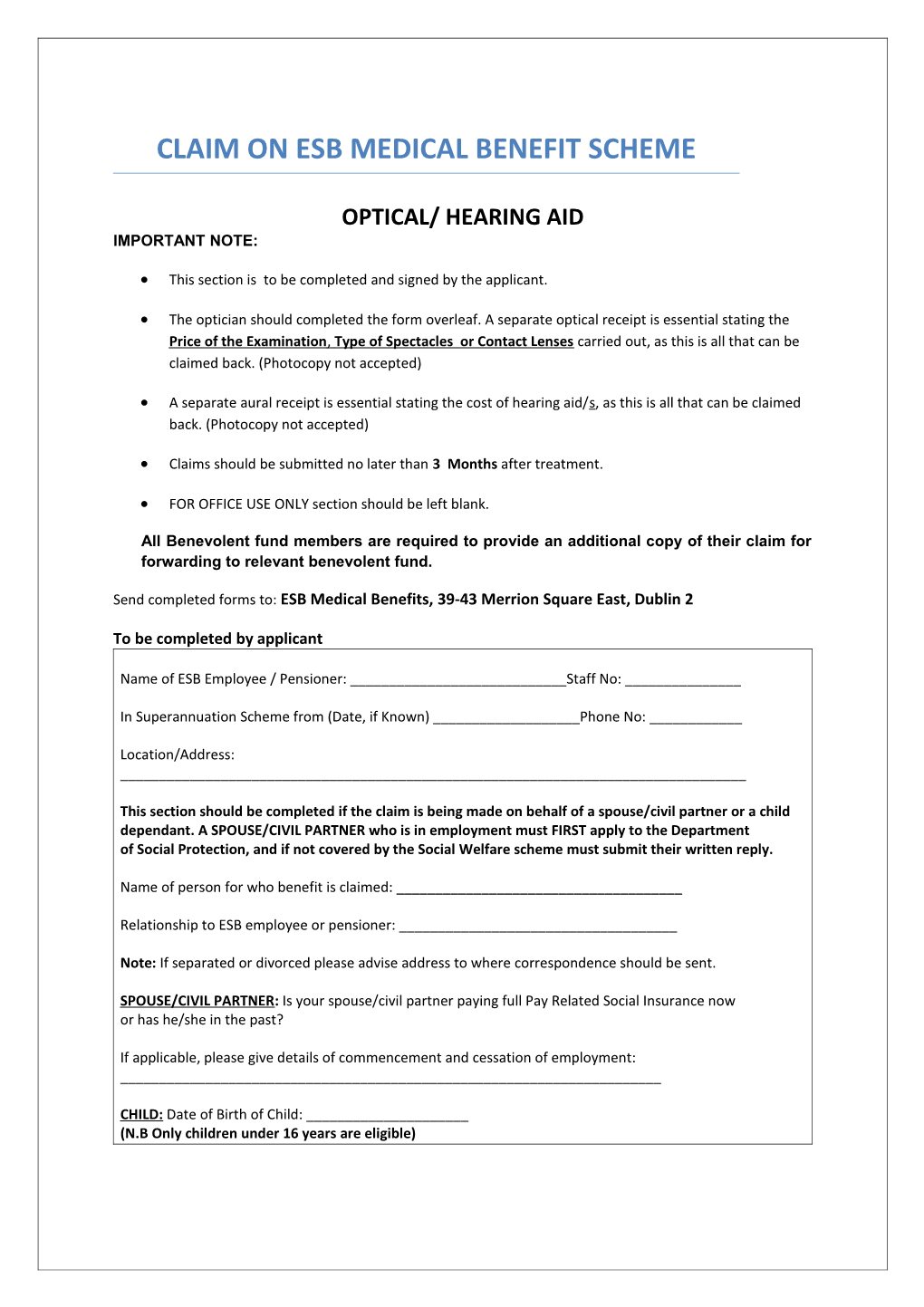 Optical and Hearing Benefit Form