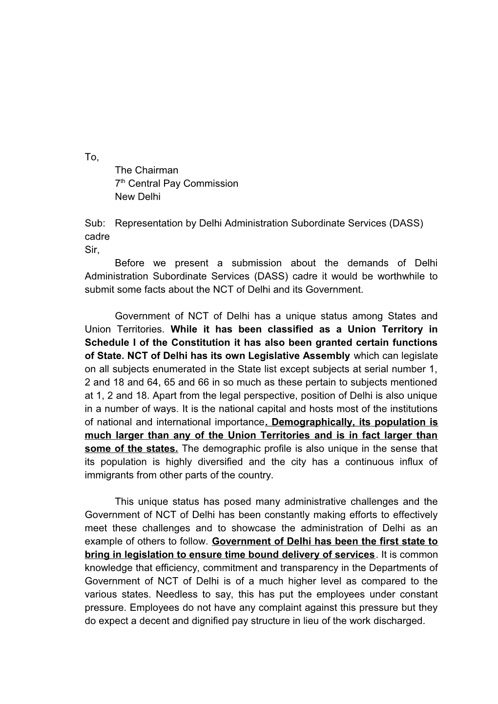 Sub:Representation by Delhi Administration Subordinate Services (DASS) Cadre
