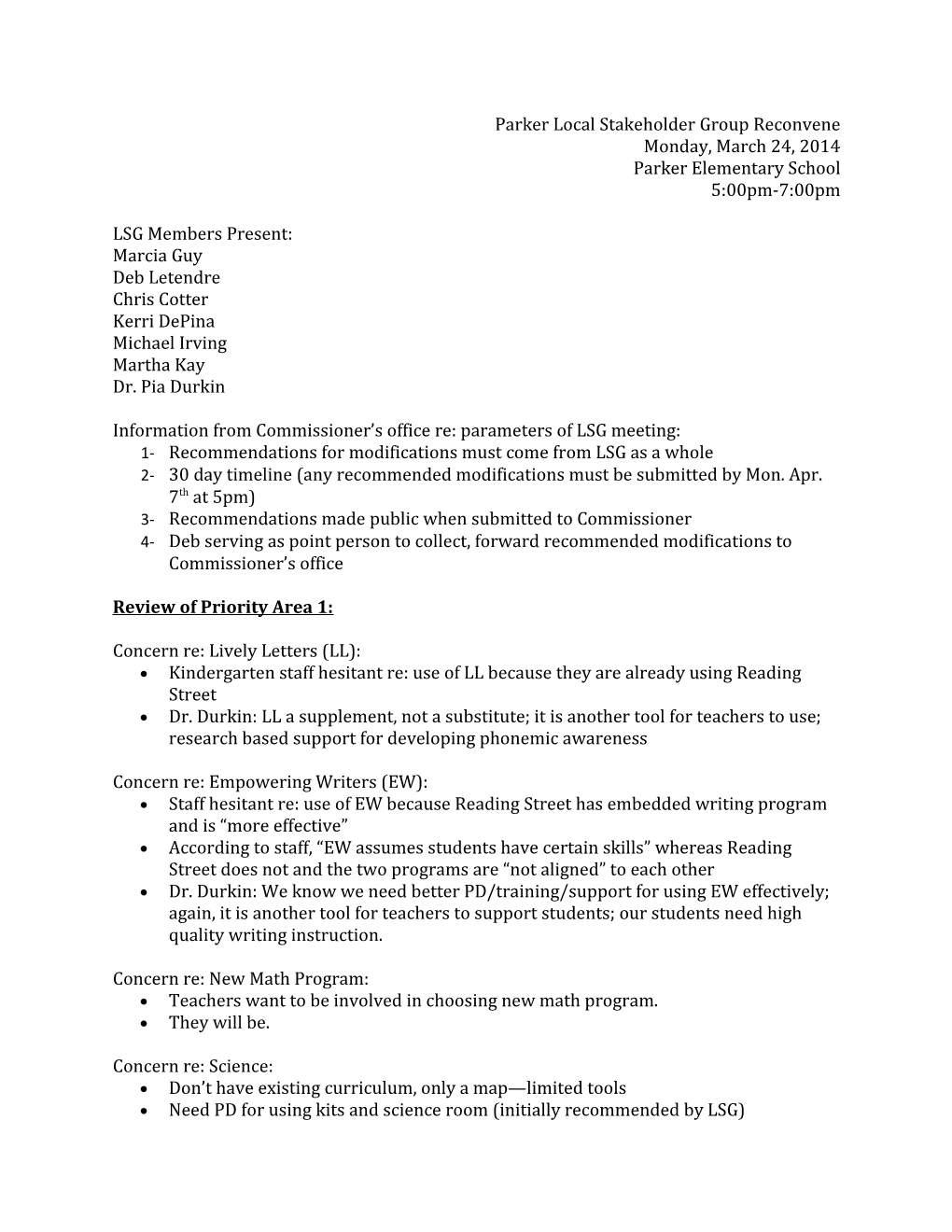 Modifications Proposed by the Parker Local Stakeholder Group