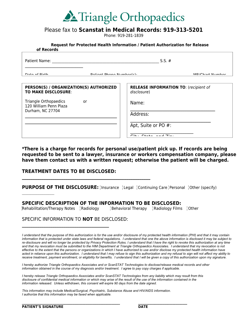 Request for Protected Health Information / Patient Authorization for Release of Records