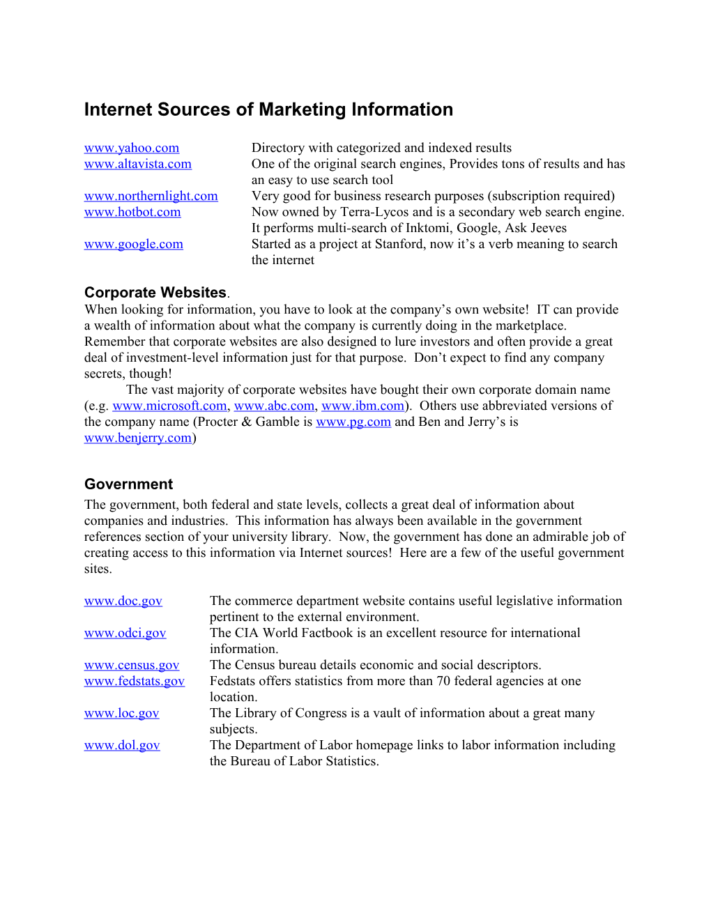Internet Sources of Marketing Information