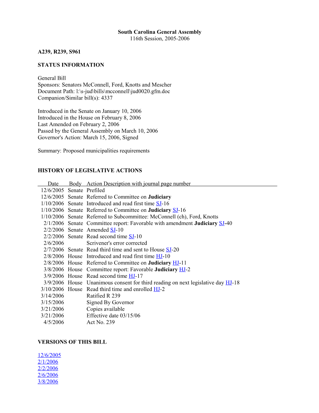 2005-2006 Bill 961: Proposed Municipalities Requirements - South Carolina Legislature Online