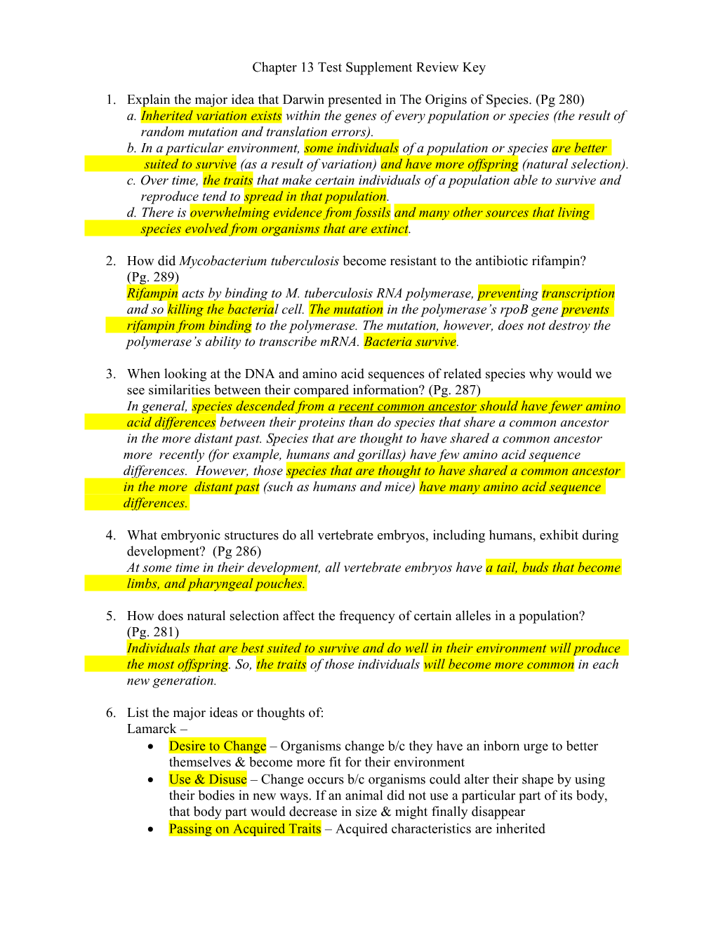 Chapter 13 Test Supplement Review Key