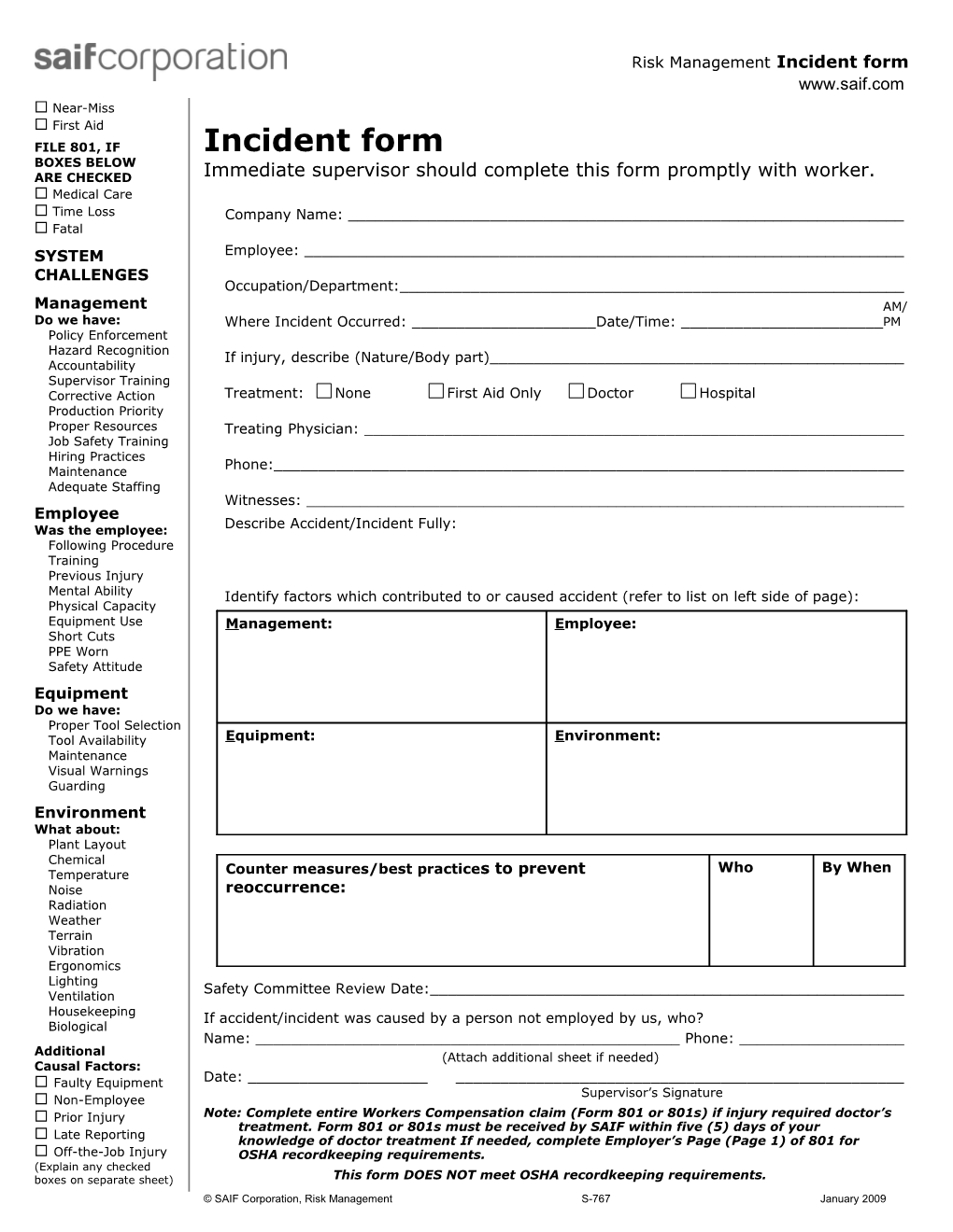 Accident Analysis, Incident Report Form