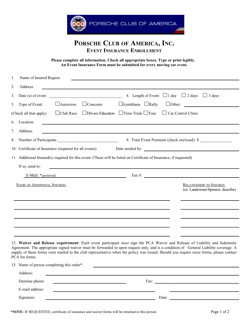 PCA Event Insurance Enrollment Form