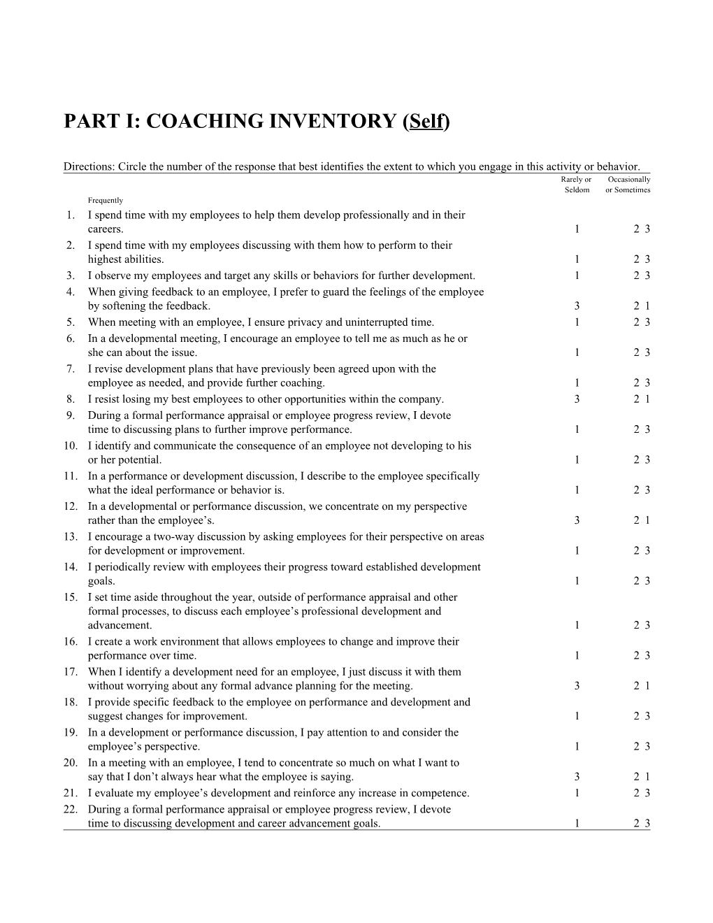 PART I: COACHING INVENTORY (Self)