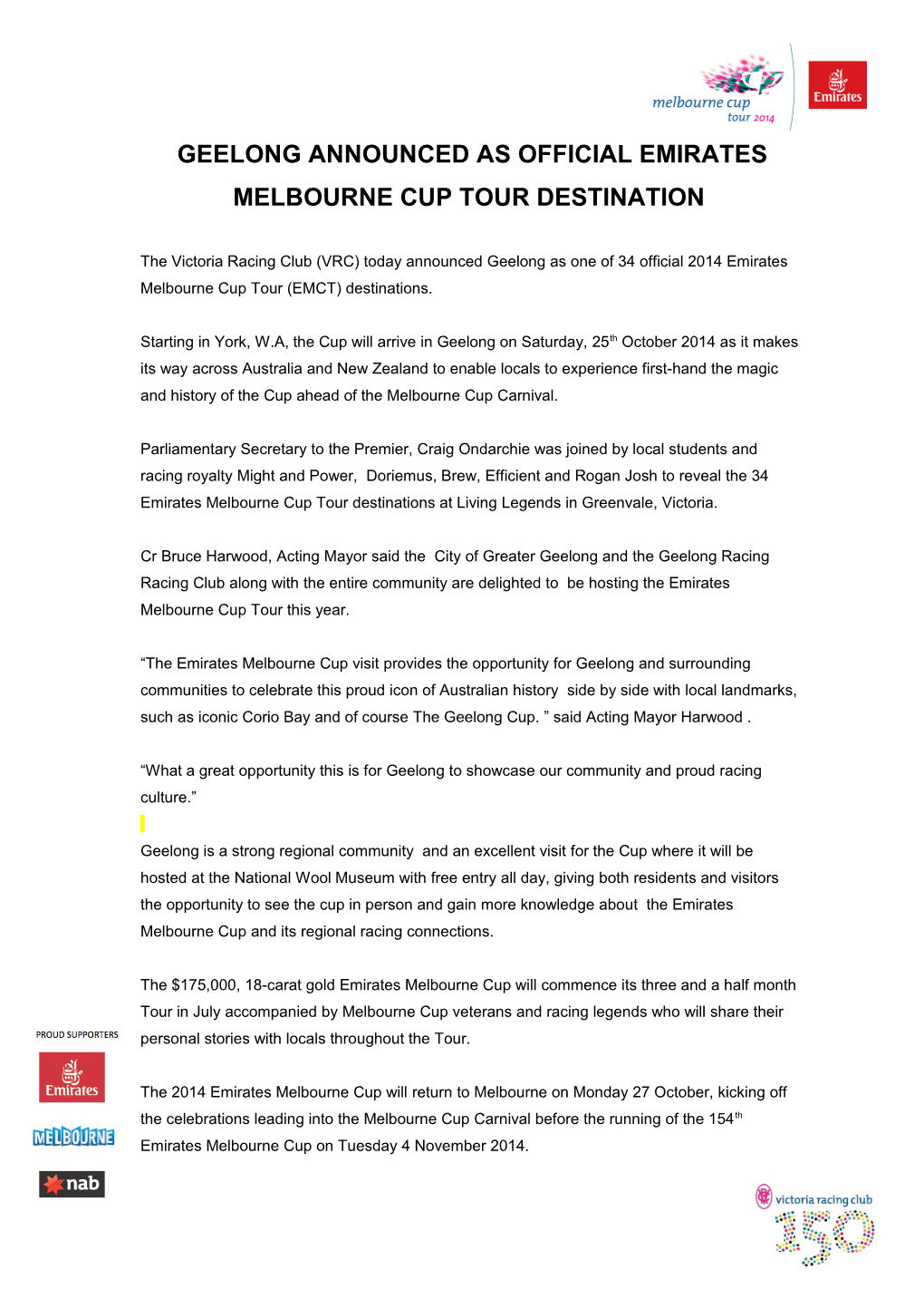 Geelongannounced As Official Emirates Melbourne Cup Tour Destination