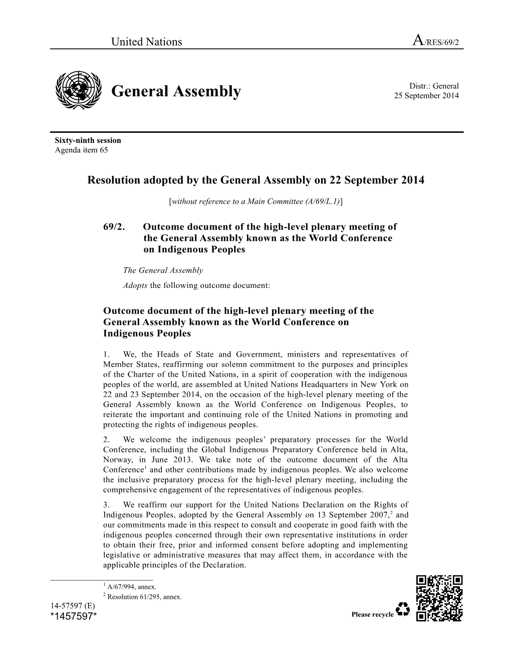 Resolution Adopted by the General Assembly on 22September 2014