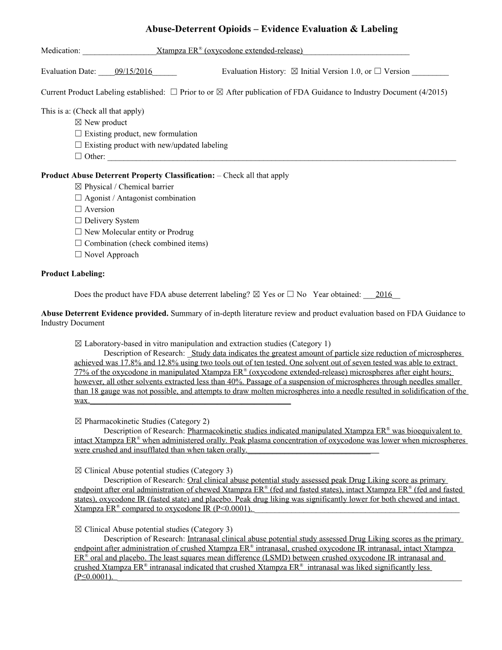 Xtampza ER ADF Efficacy Form