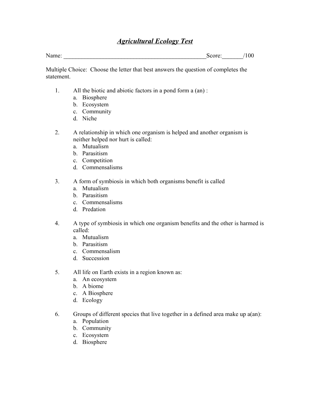 Agricultural Ecology Test