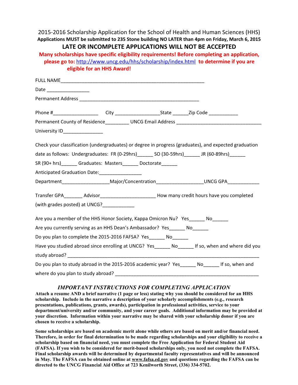 2015-2016 Scholarship Application for the School of Health and Human Sciences (HHS) Applications