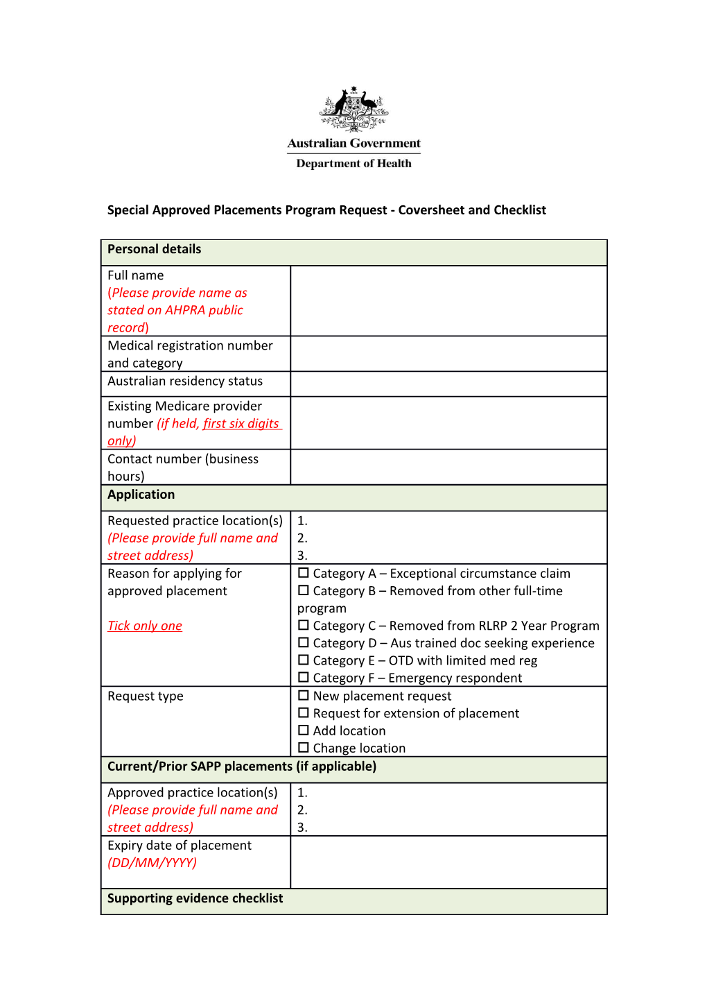 Special Approved Placements Program - Coversheet and Checklist