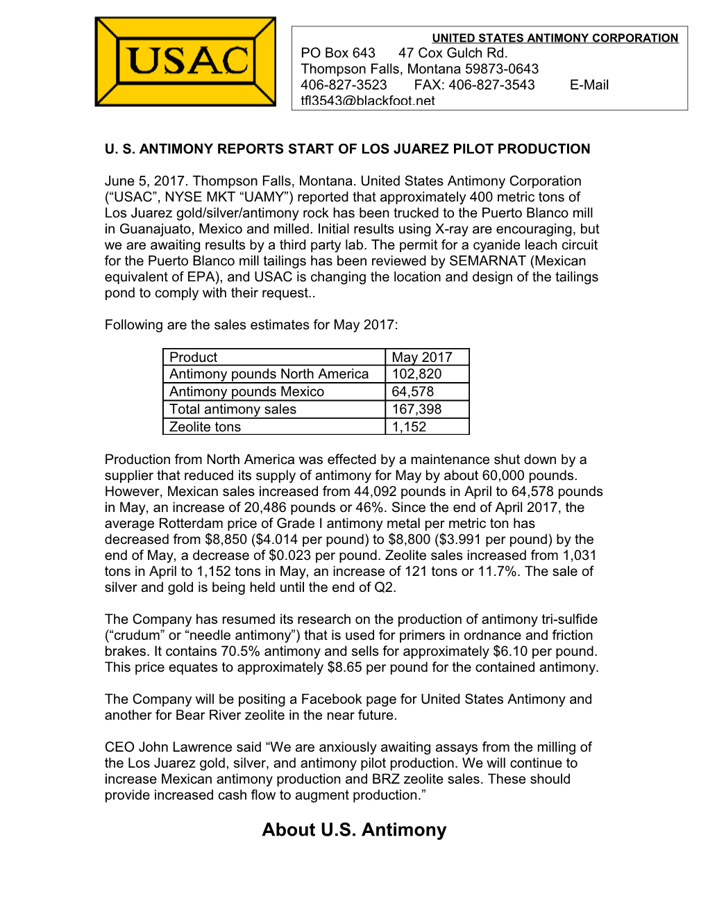 U. S. Antimony Reports Start of Los Juarez Pilot Production