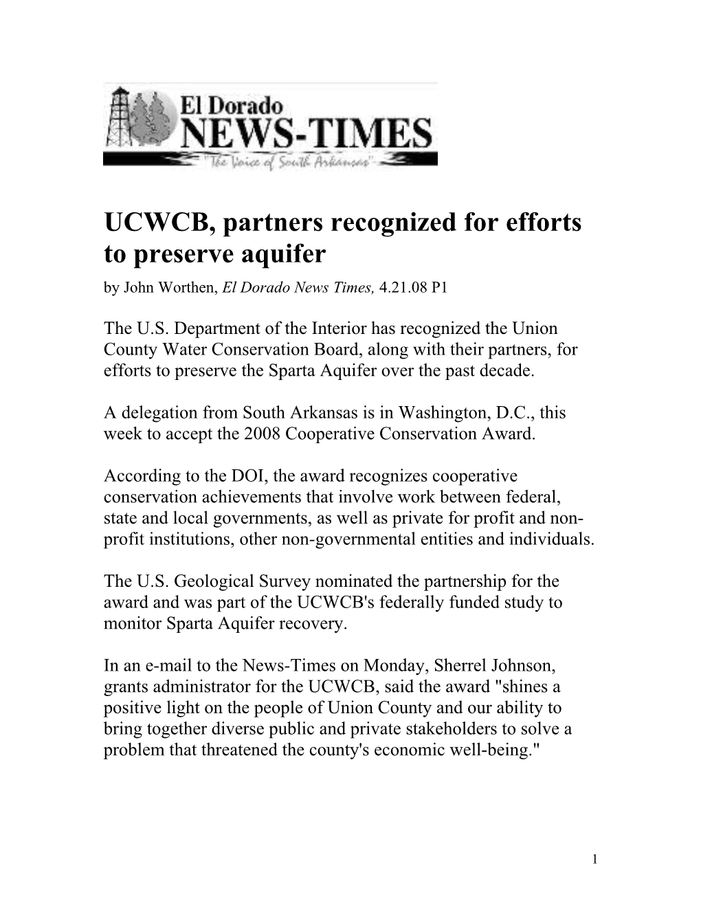 UCWCB, Partners Recognized for Efforts to Preserve Aquifer