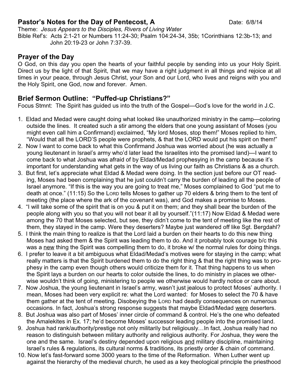Pastor S Notes for the Day of Pentecost, a Date: 6/8/14